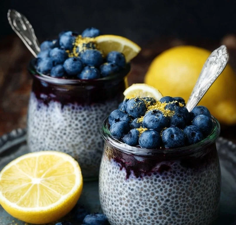 Delicious Lemon Blueberry Chia Pudding in a bowl with fresh blueberries