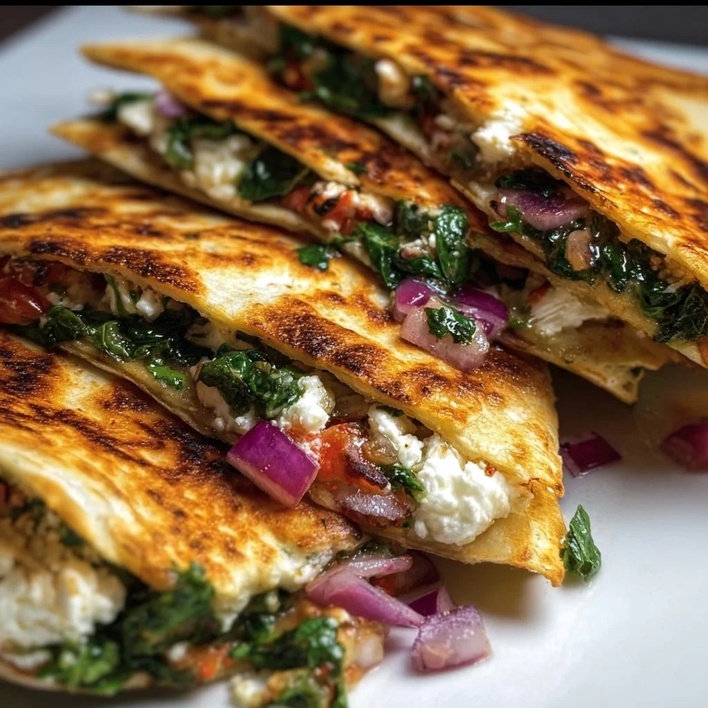 Plate of Mediterranean Quesadillas with spinach, feta, mozzarella, and red onion