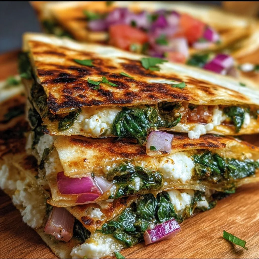 Mediterranean Quesadillas with Spinach, Feta, Mozzarella, and Red Onion