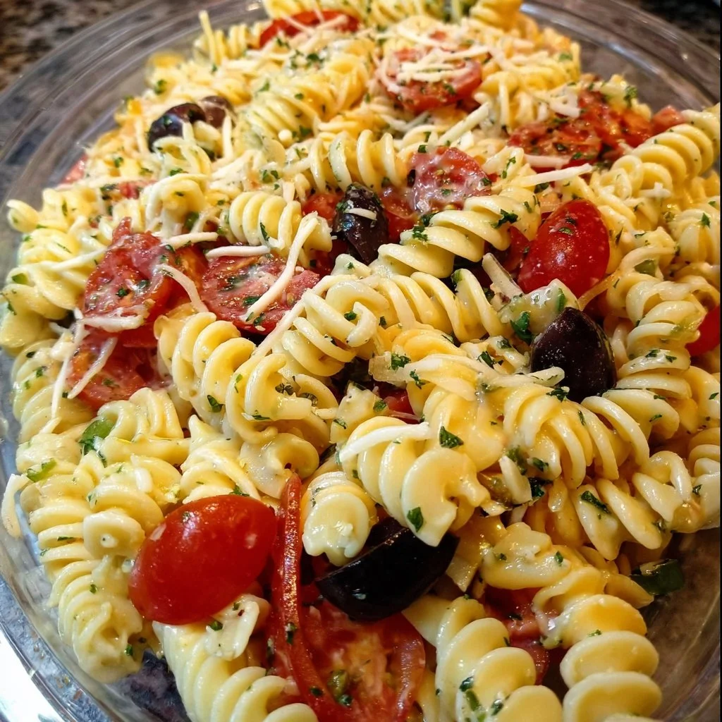 A fresh bowl of Olive Garden Pasta Salad with colorful vegetables and pasta