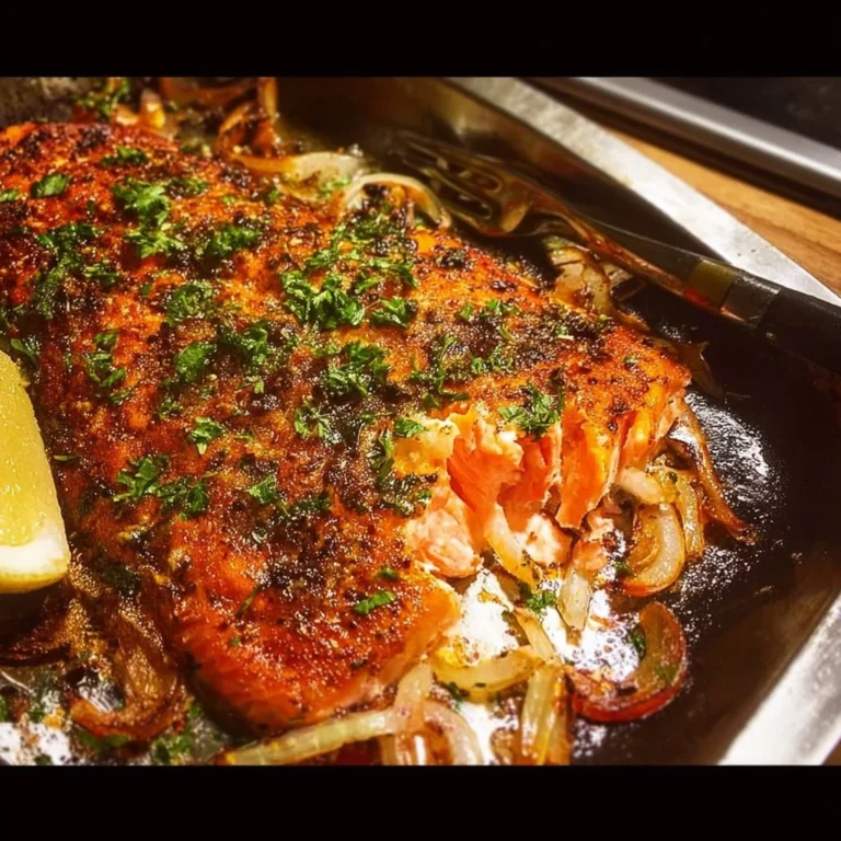 Delicious oven baked salmon dish garnished with herbs and lemon.