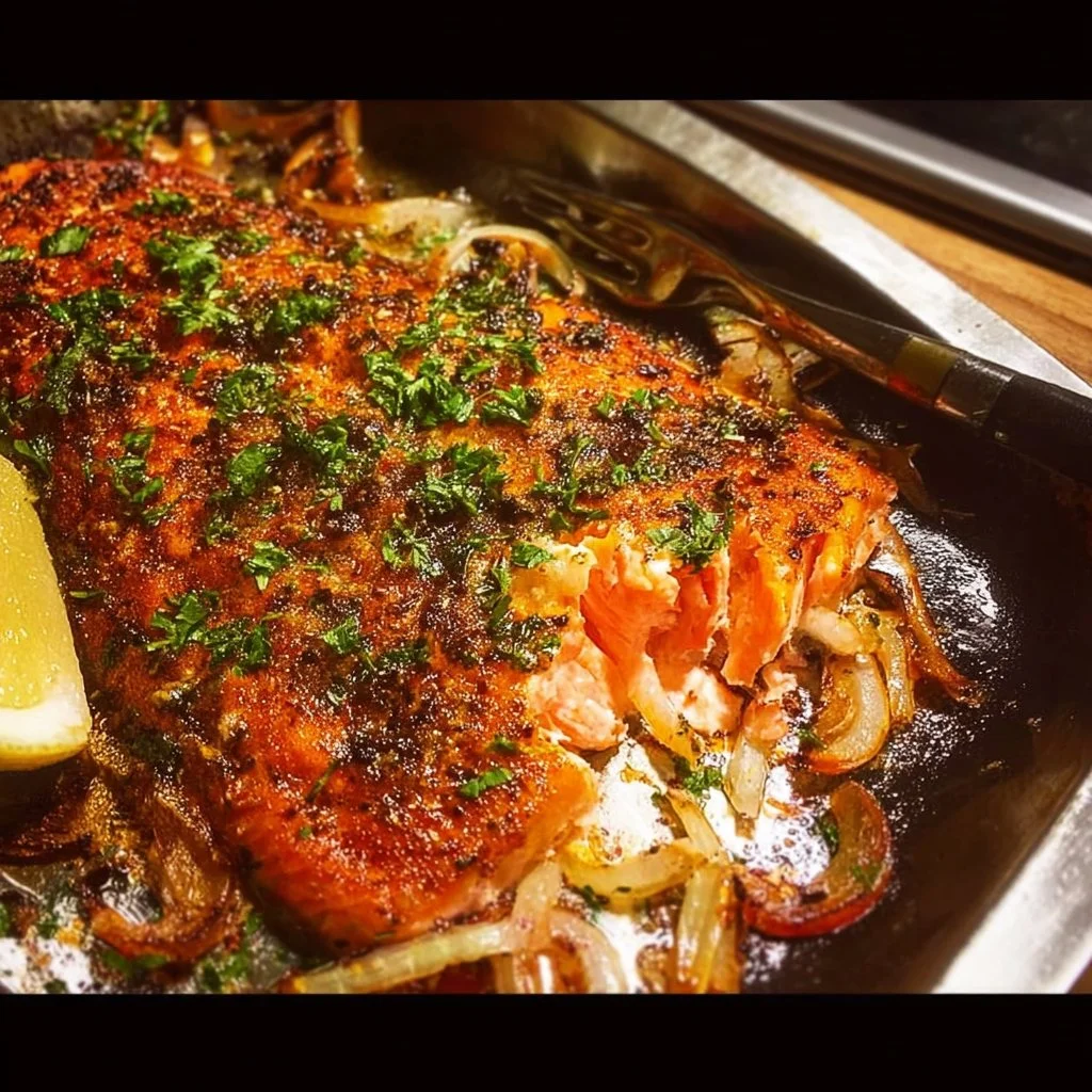Delicious oven baked salmon dish garnished with herbs and lemon.