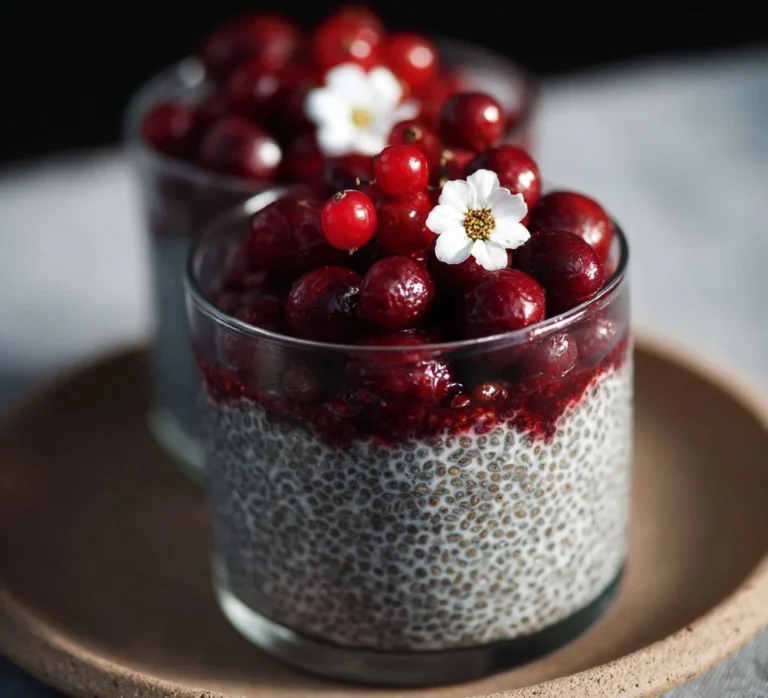Bowl of creamy overnight chia pudding topped with fresh fruits and nuts