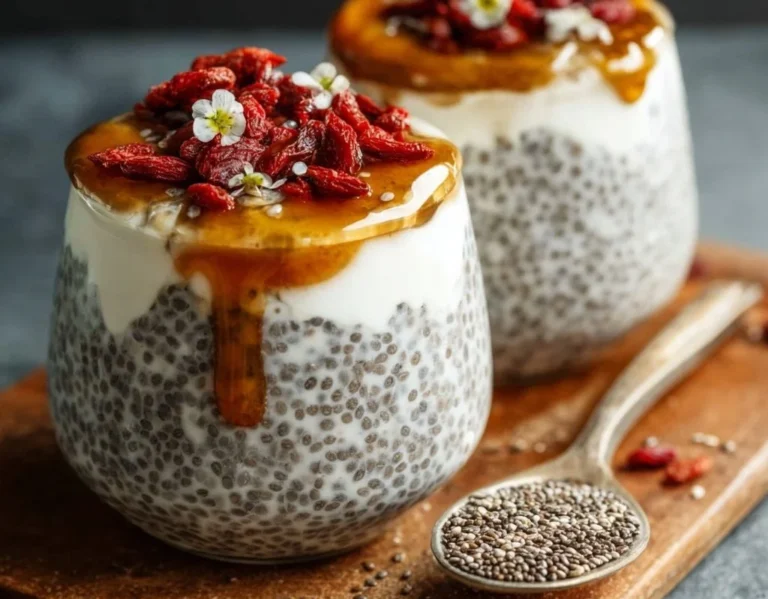 Overnight chia pudding topped with Greek yogurt in a glass jar