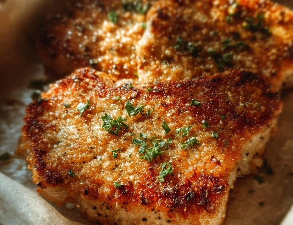 Deliciously baked Parmesan Crusted Pork Chops served on a plate.