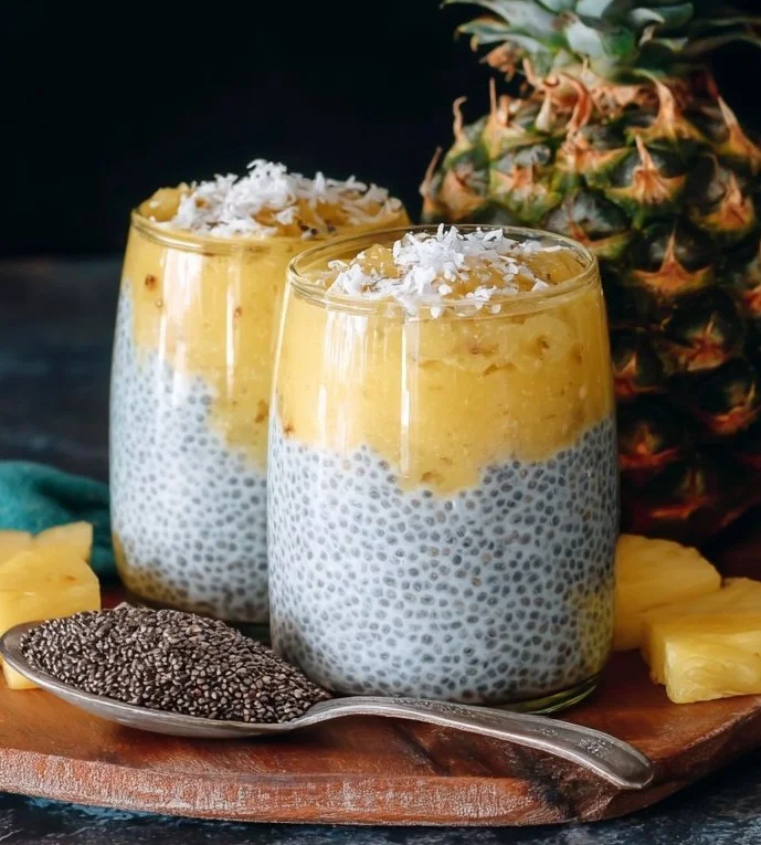 Delicious pineapple coconut chia pudding topped with fresh pineapple and coconut flakes