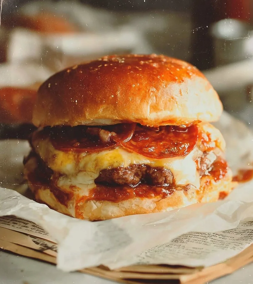Delicious pizza burgers topped with cheese and pepperoni on a sesame seed bun.