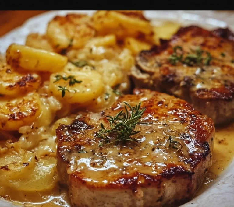 Pork chops and scalloped potatoes casserole served on a plate