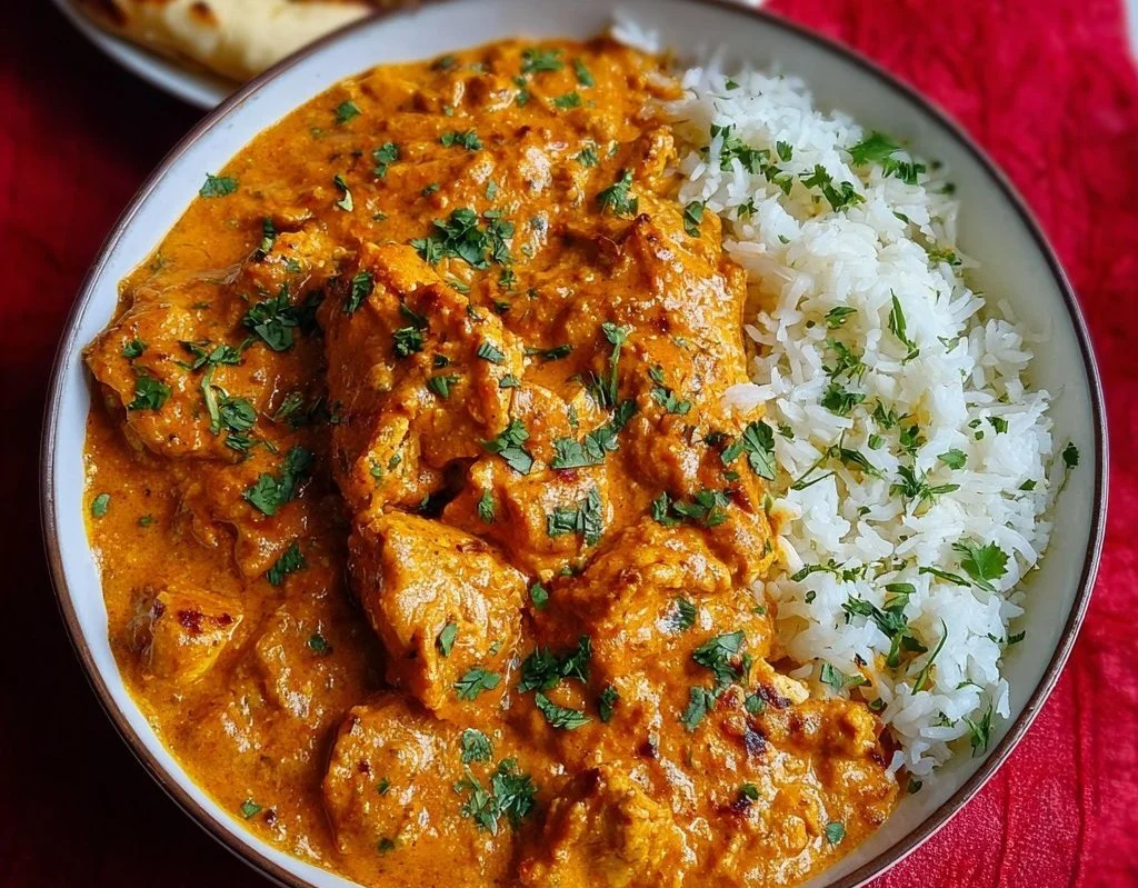 Delicious homemade butter chicken served with rice and naan.