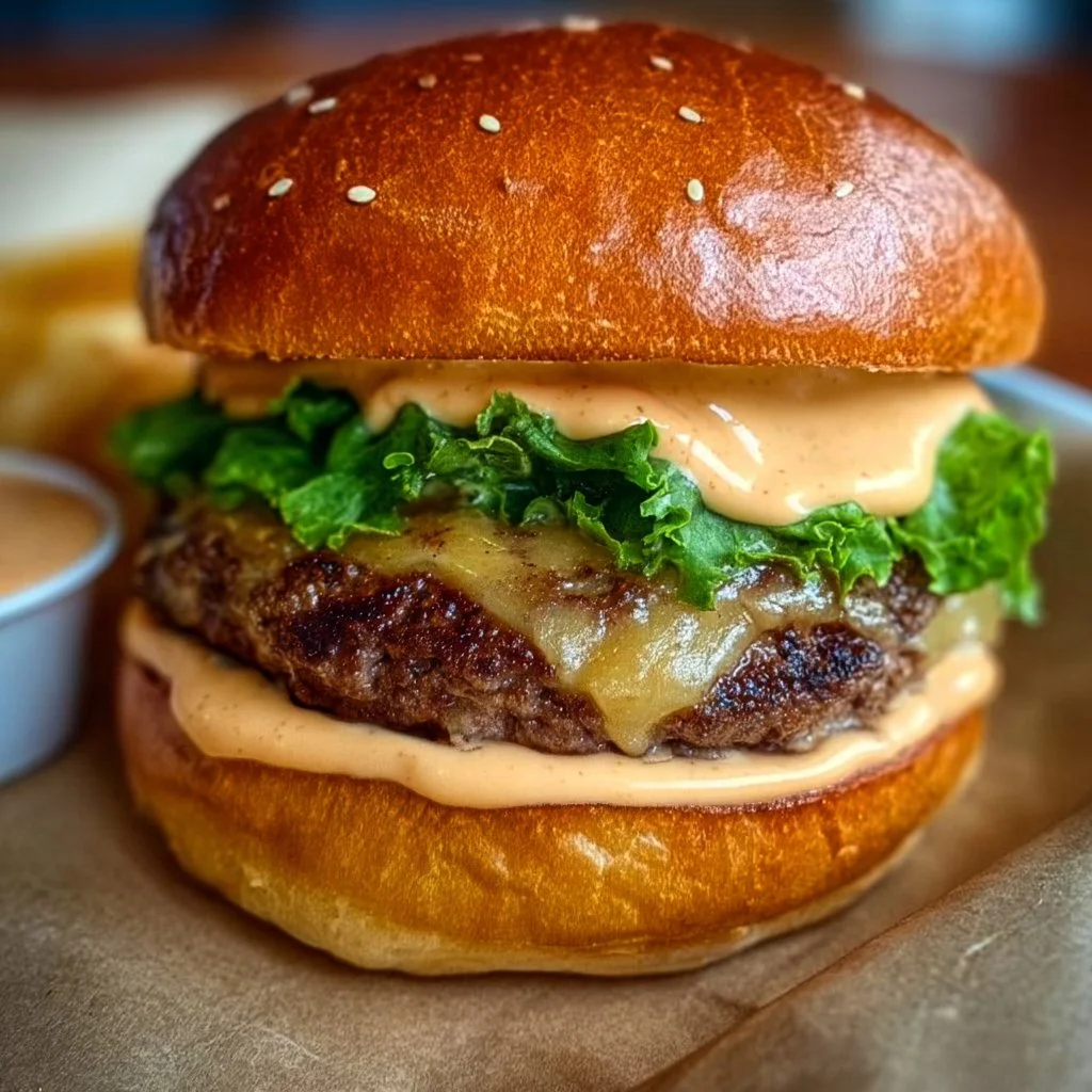 Ranch Burger topped with Chipotle Mayo on a wooden platter