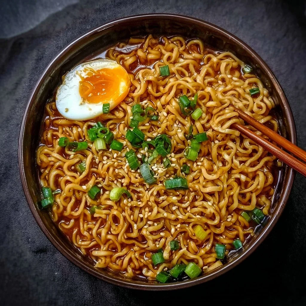 Delicious saucy ramen noodles served in a bowl with toppings