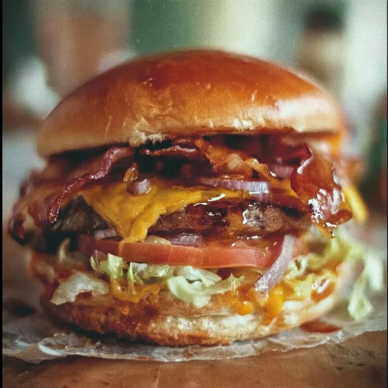 Delicious Smash Burger with melted cheese on a rustic wooden background