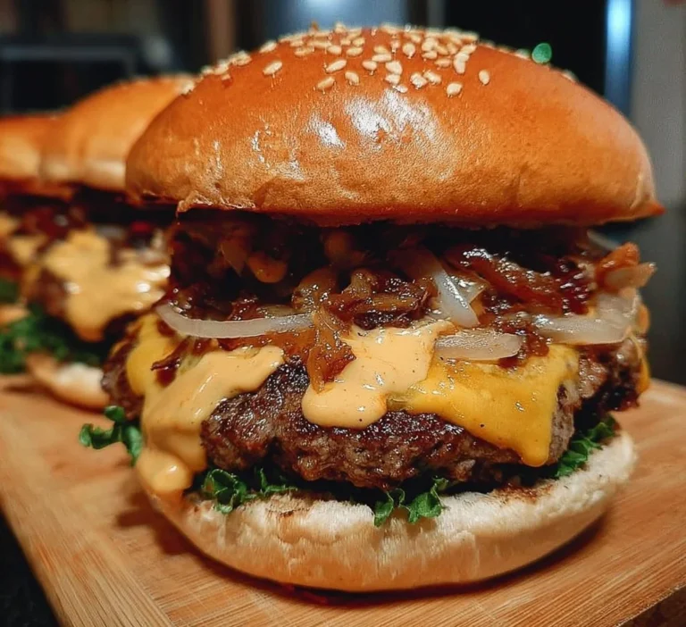Delicious smash burgers with baconnaise served on a wooden board
