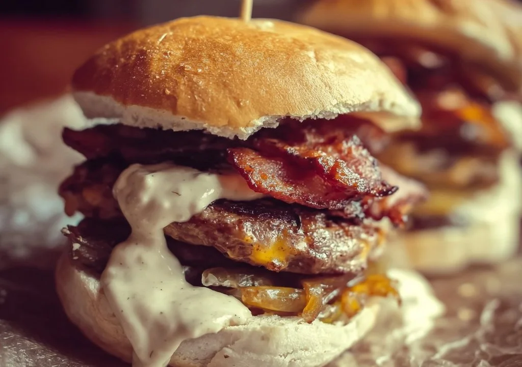 Delicious smash burgers topped with homemade baconnaise on a plate
