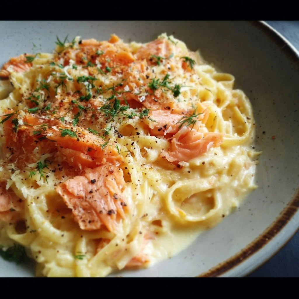 Delicious smoked salmon carbonara served in a plate with herbs