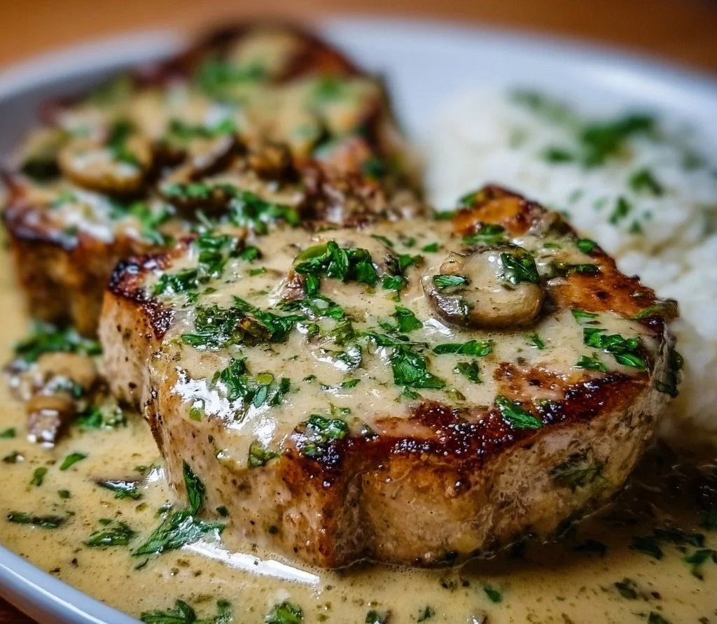 Smothered boneless pork chops in creamy garlic sauce on a plate