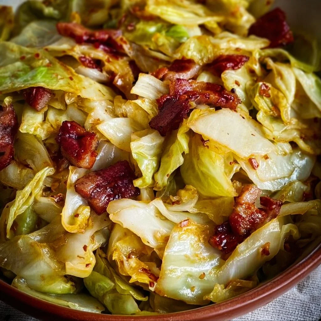 A delicious plate of Southern Fried Cabbage garnished with spices and herbs.