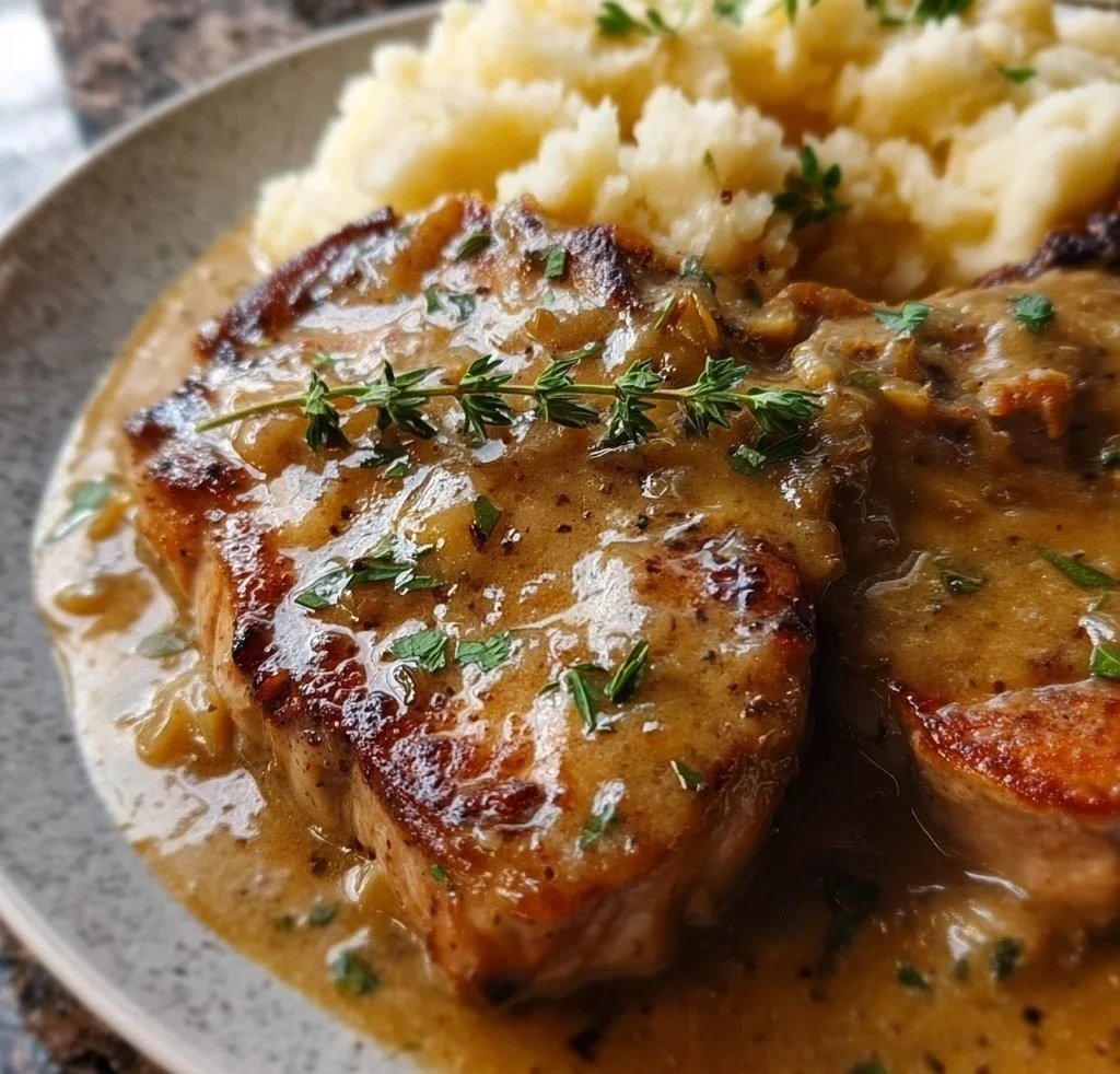 Southern Smothered Pork Chops served with savory gravy