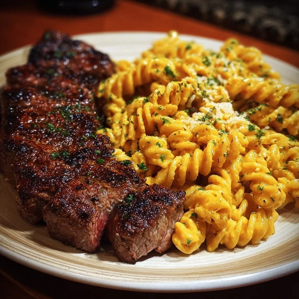 Plate of Spicy Garlic Butter Steak served with Cheddar Cream Rotini pasta