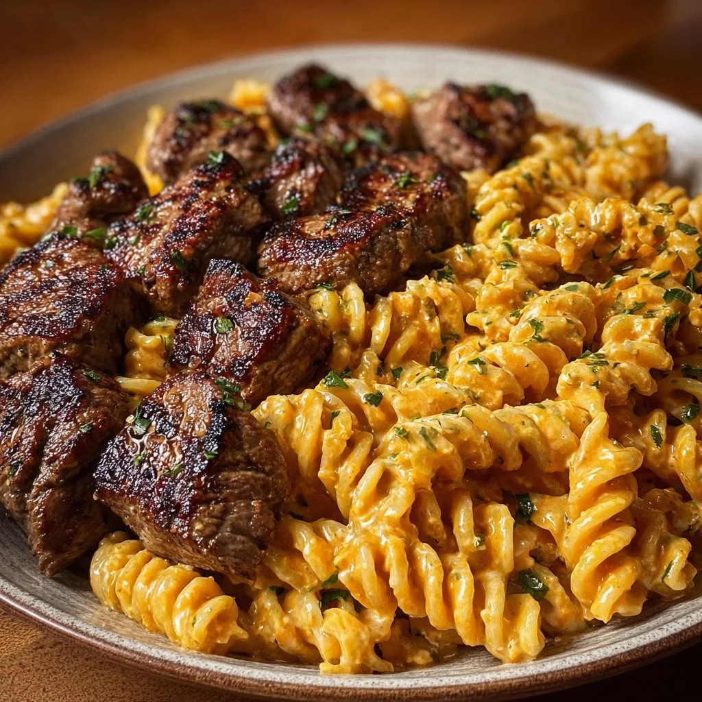 Spicy Garlic Butter Steak with Cheddar Cream Rotini