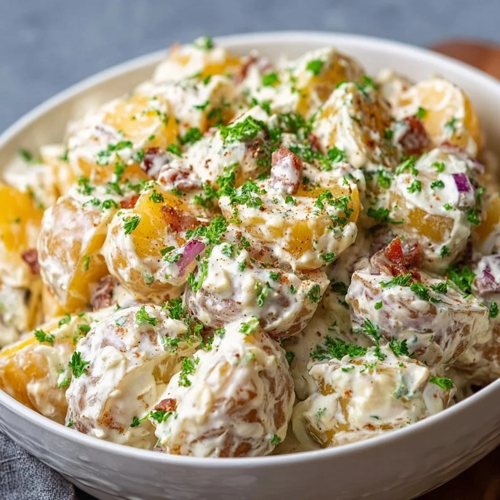 Creamy steakhouse potato salad served in a bowl, garnished with herbs.