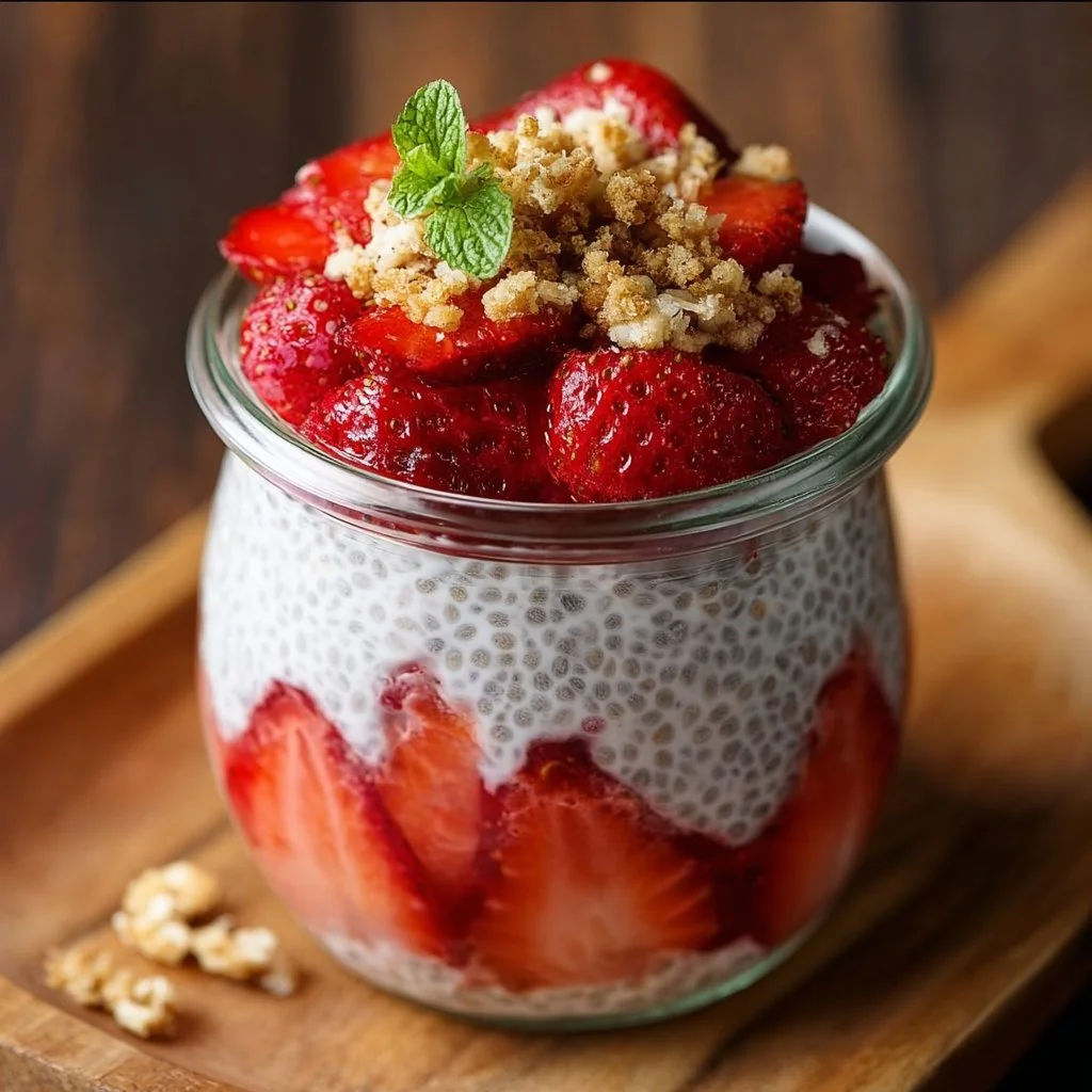 A bowl of strawberry crumble chia pudding topped with fresh strawberries and crumble.