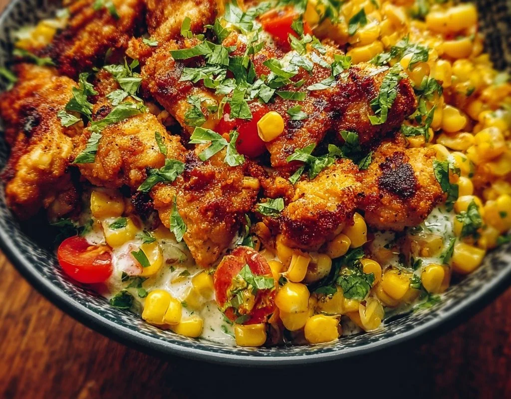 Delicious street corn chicken bowl garnished with fresh herbs and spices.