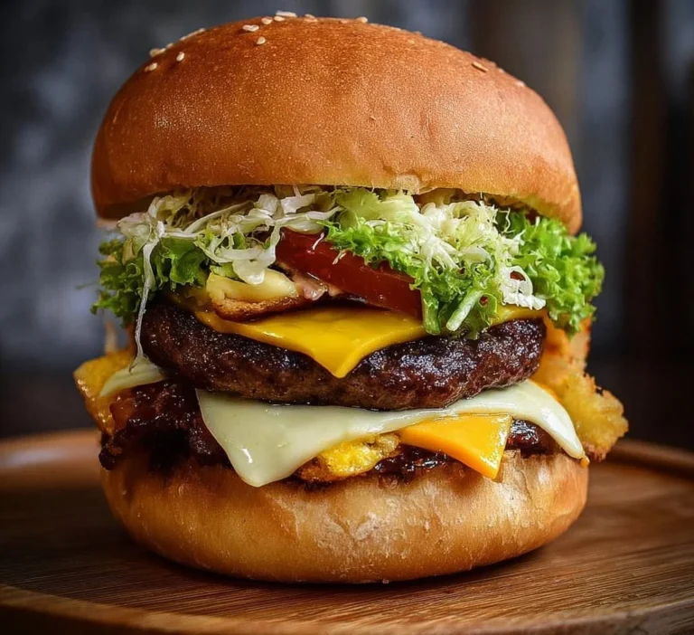 Ultimate comfort food burger loaded with tasty toppings and sauces.
