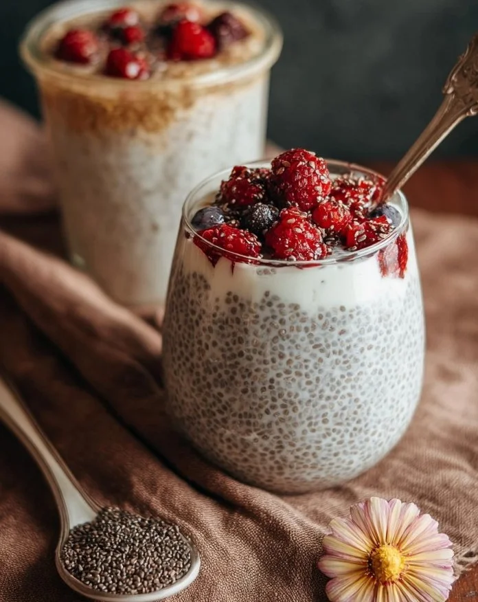 Delicious yogurt chia pudding topped with fresh fruits in a bowl