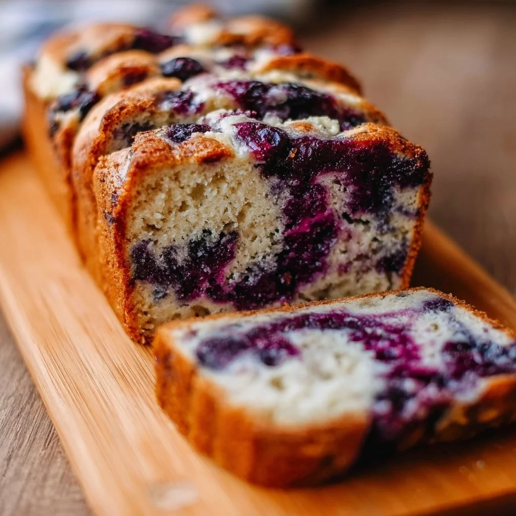 Gluten-free blueberry cottage cheese bread with 7g protein slice on a plate