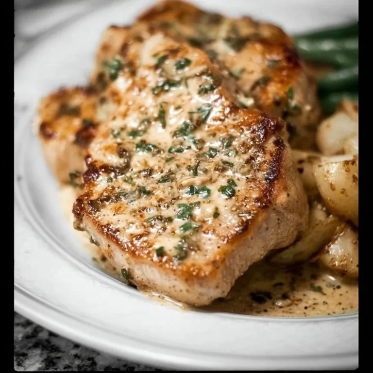 Delicious Boursin Cheese Pork Chops served with vegetables