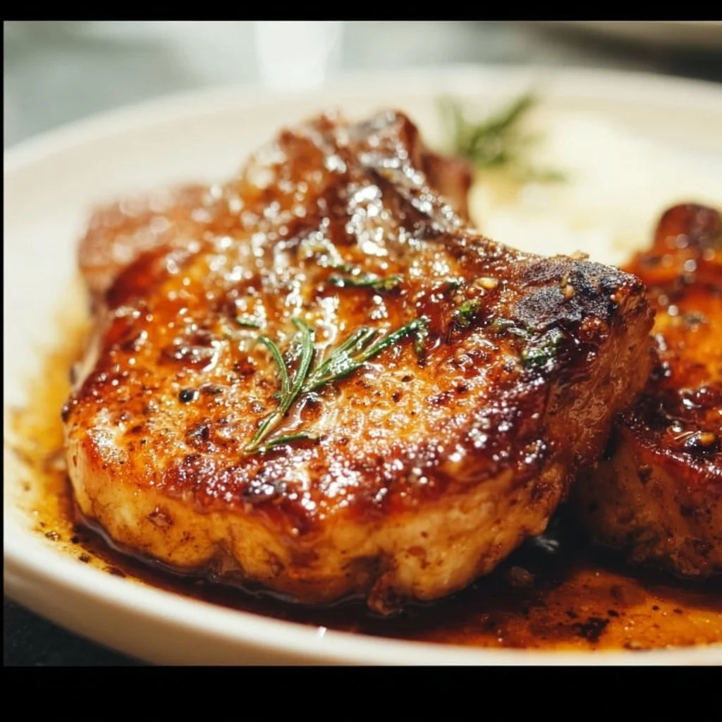 Brown sugar glazed pork chops served on a plate with garnish.