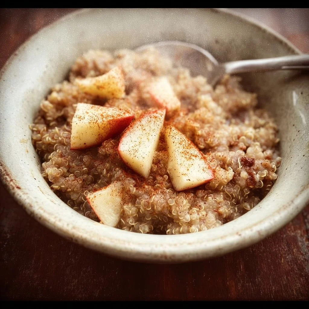Bowl of Cinnamon Apple Breakfast Quinoa topped with fresh apples and cinnamon