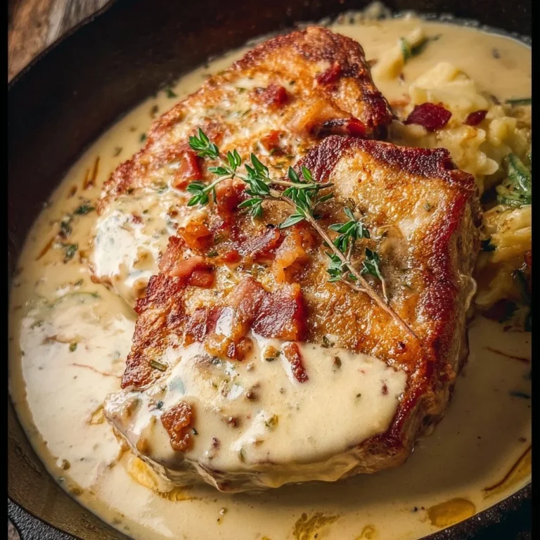 Delicious creamy bacon pork chops served with garnish