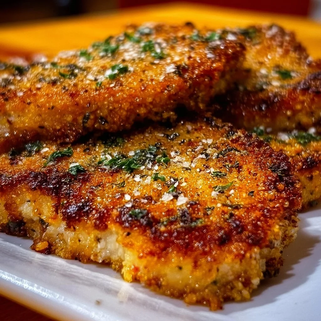 Crispy baked parmesan pork chops served on a plate with herbs