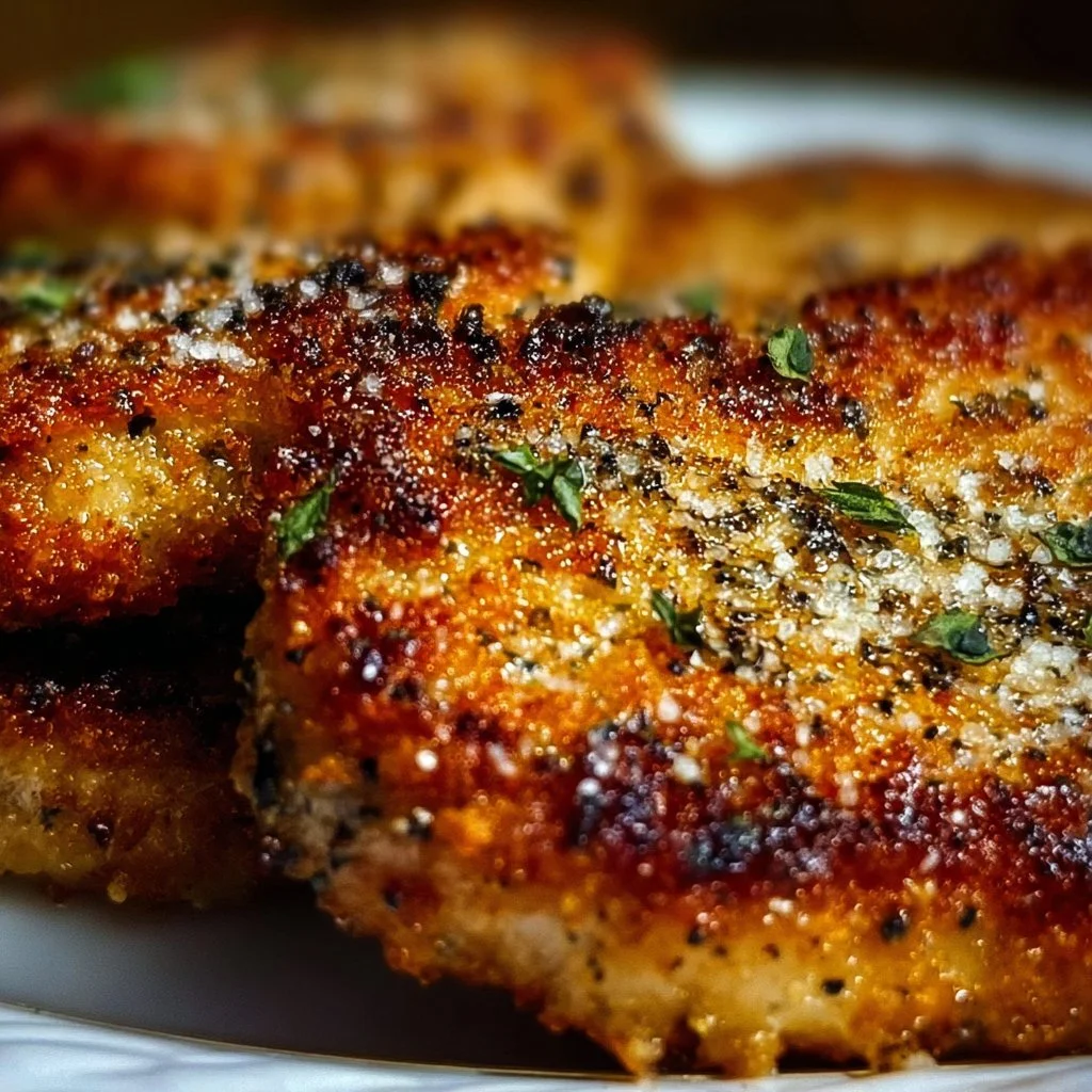 Crispy baked parmesan pork chops on a plate garnished with herbs