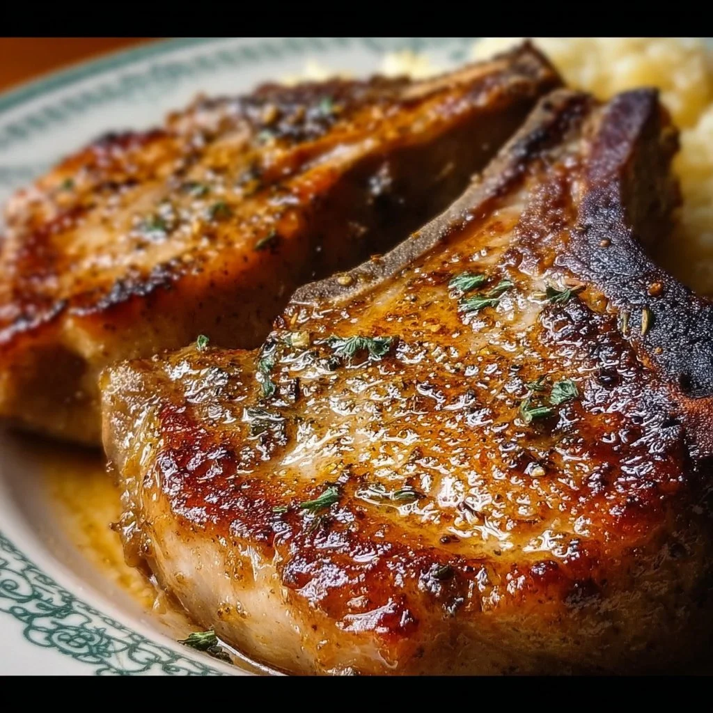 Easy baked pork chops served on a plate with vegetables