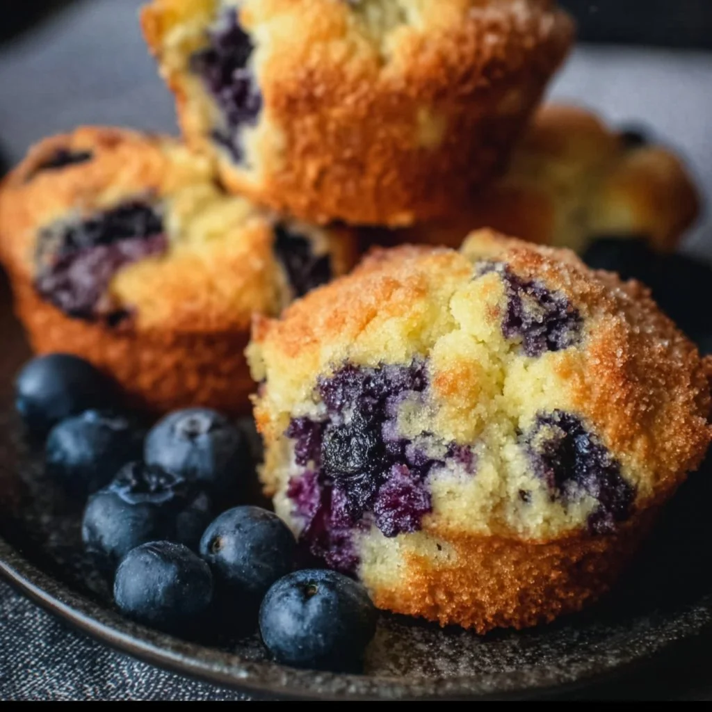 A batch of easy gluten-free blueberry muffins fresh out of the oven