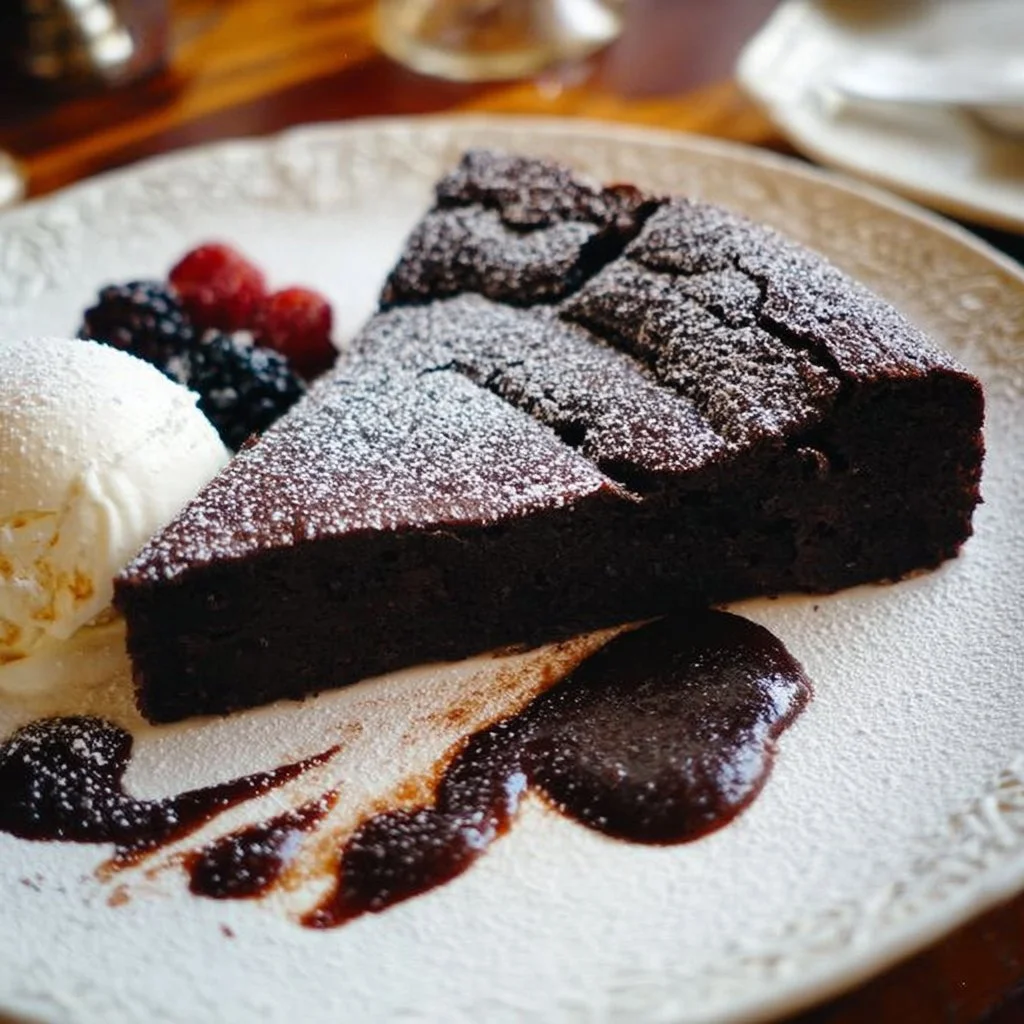 Delicious flourless chocolate cake topped with chocolate ganache and berries