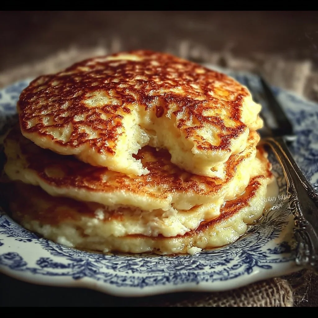 Flourless cottage cheese pancakes stacked on a plate, topped with syrup and berries