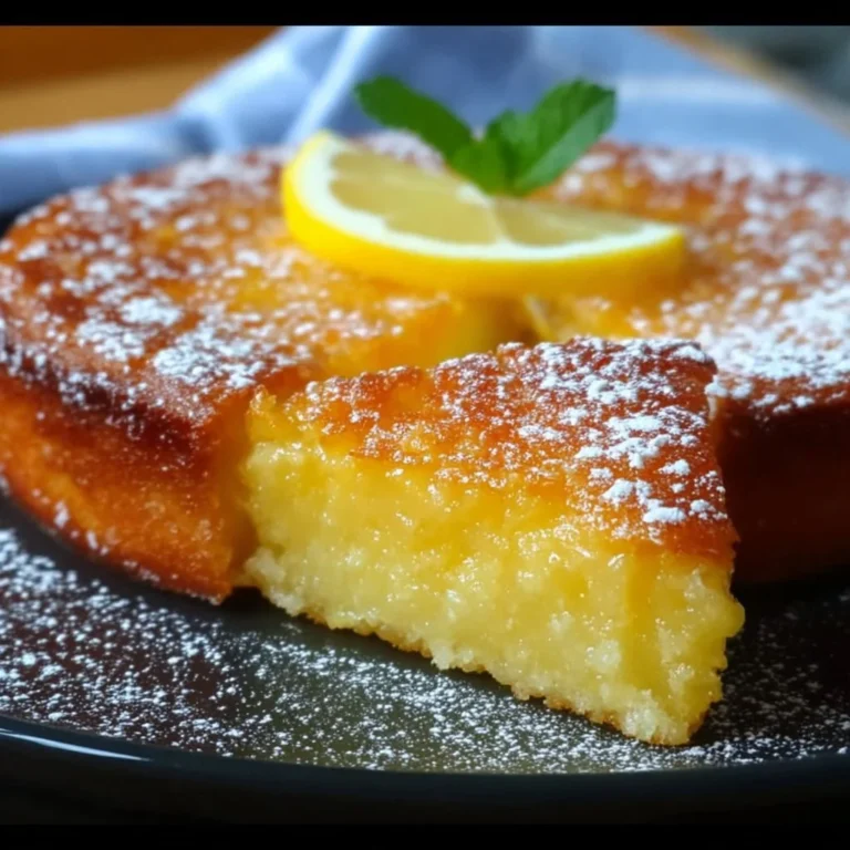 Flourless lemon Greek yogurt cake with a slice removed, showcasing its moist texture.