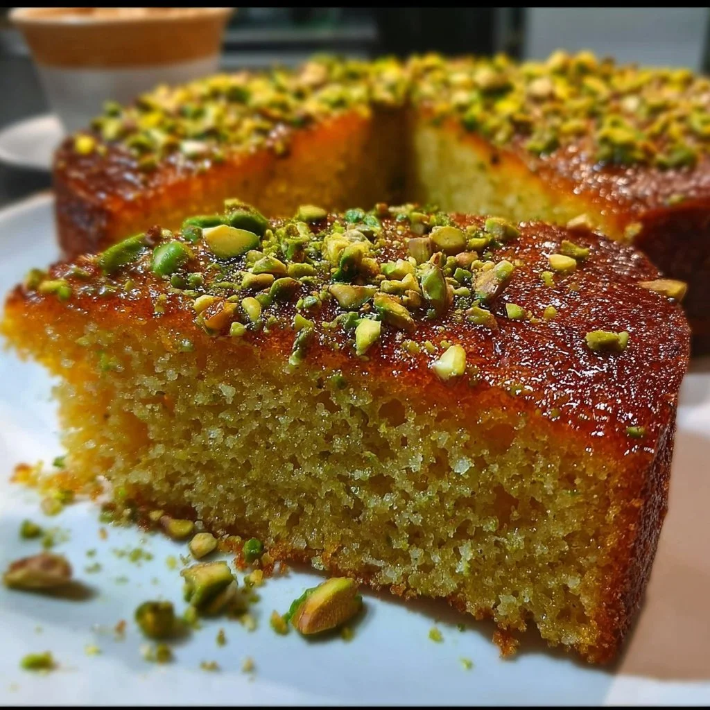 Flourless orange cake topped with pistachio and almond slices