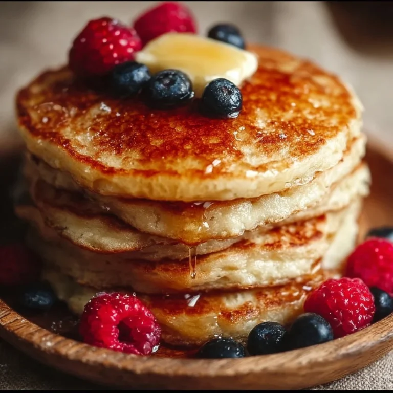Fluffy gluten-free sourdough pancakes served with syrup and berries