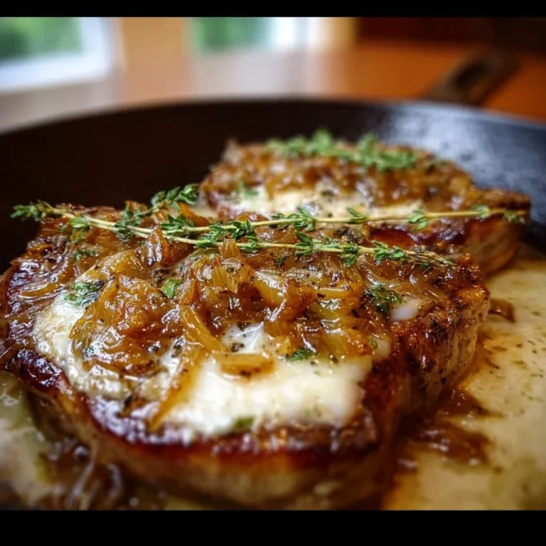 Delicious French onion pork chops with melted cheese and caramelized onions.