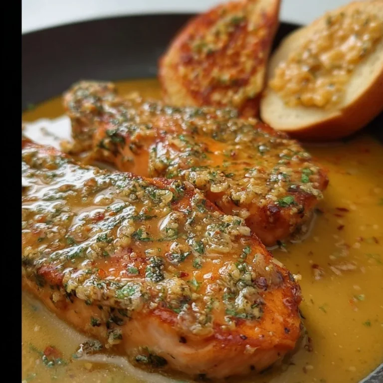 Delicious Garlic Butter Chicken and Salmon served on a plate with herbs