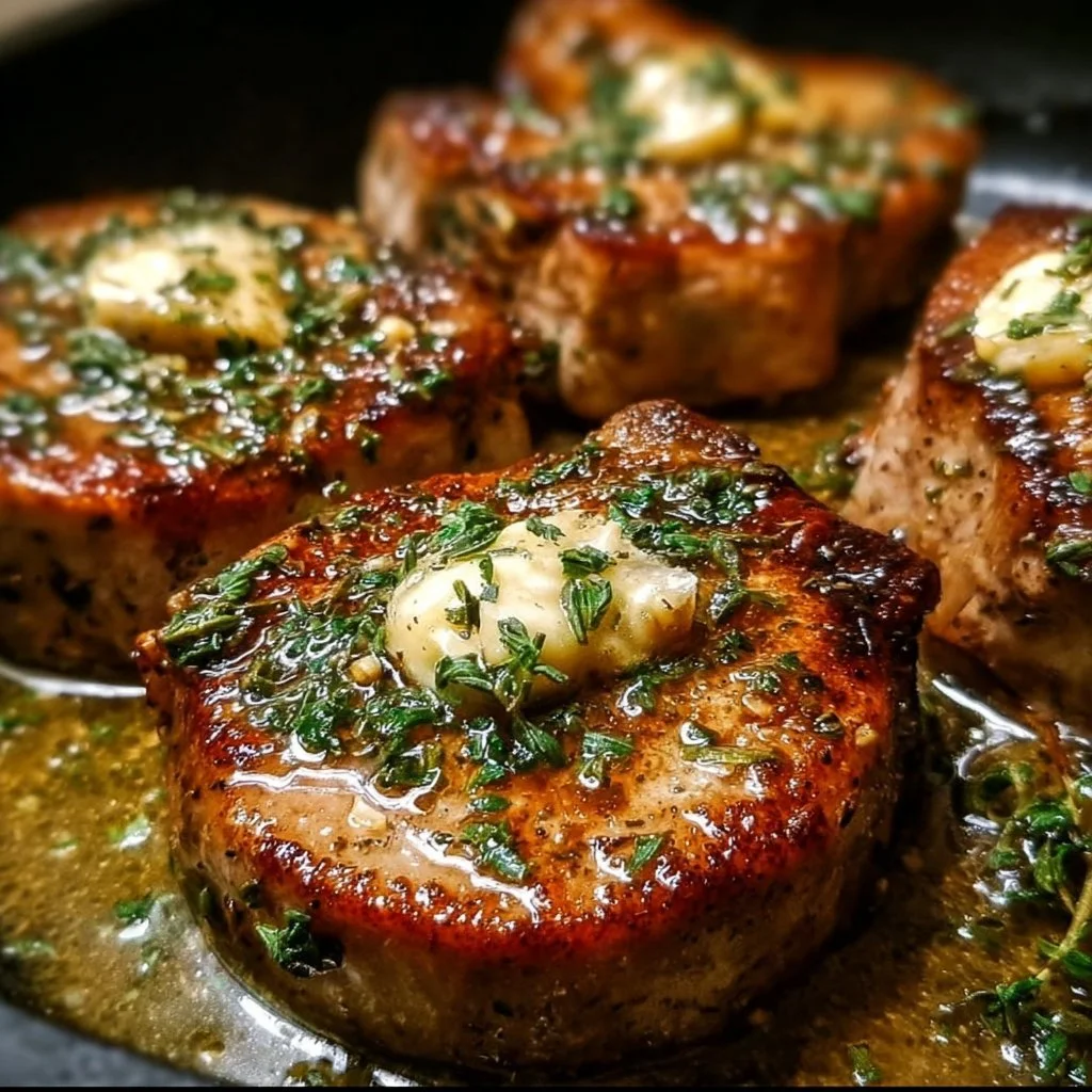 Garlic butter pan-seared pork chops plated with herbs and garlic