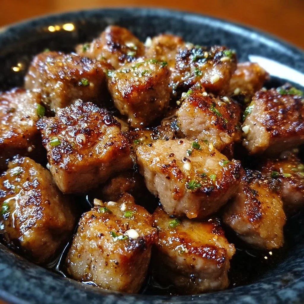 Delicious Garlic Pork Bites served on a platter