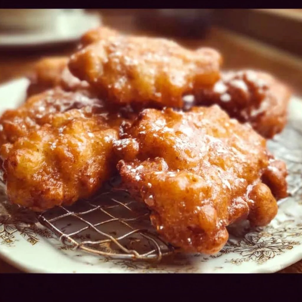 Gluten-free apple fritters topped with powdered sugar