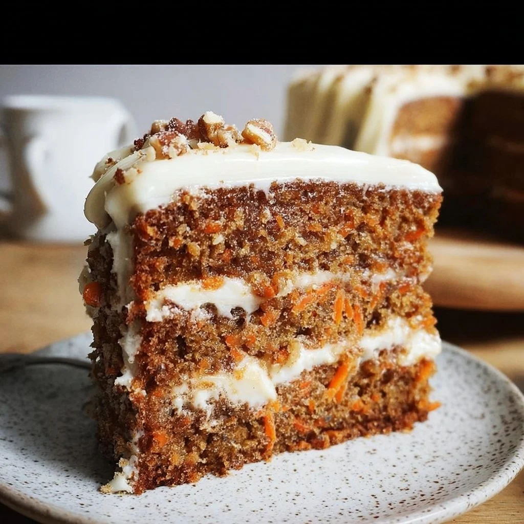 Delicious gluten-free carrot cake with cream cheese frosting and chopped walnuts