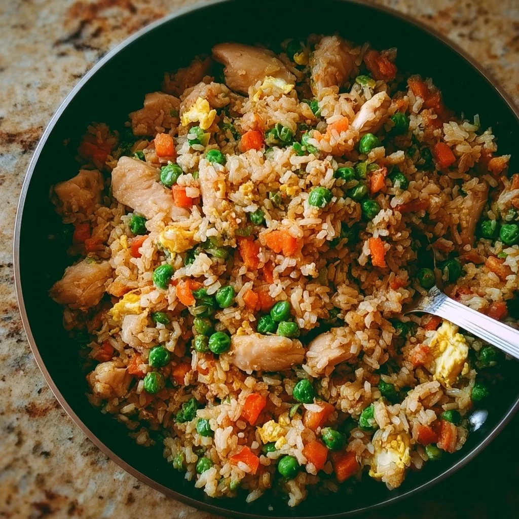 Gluten-free chicken fried rice served in a bowl with colorful vegetables.